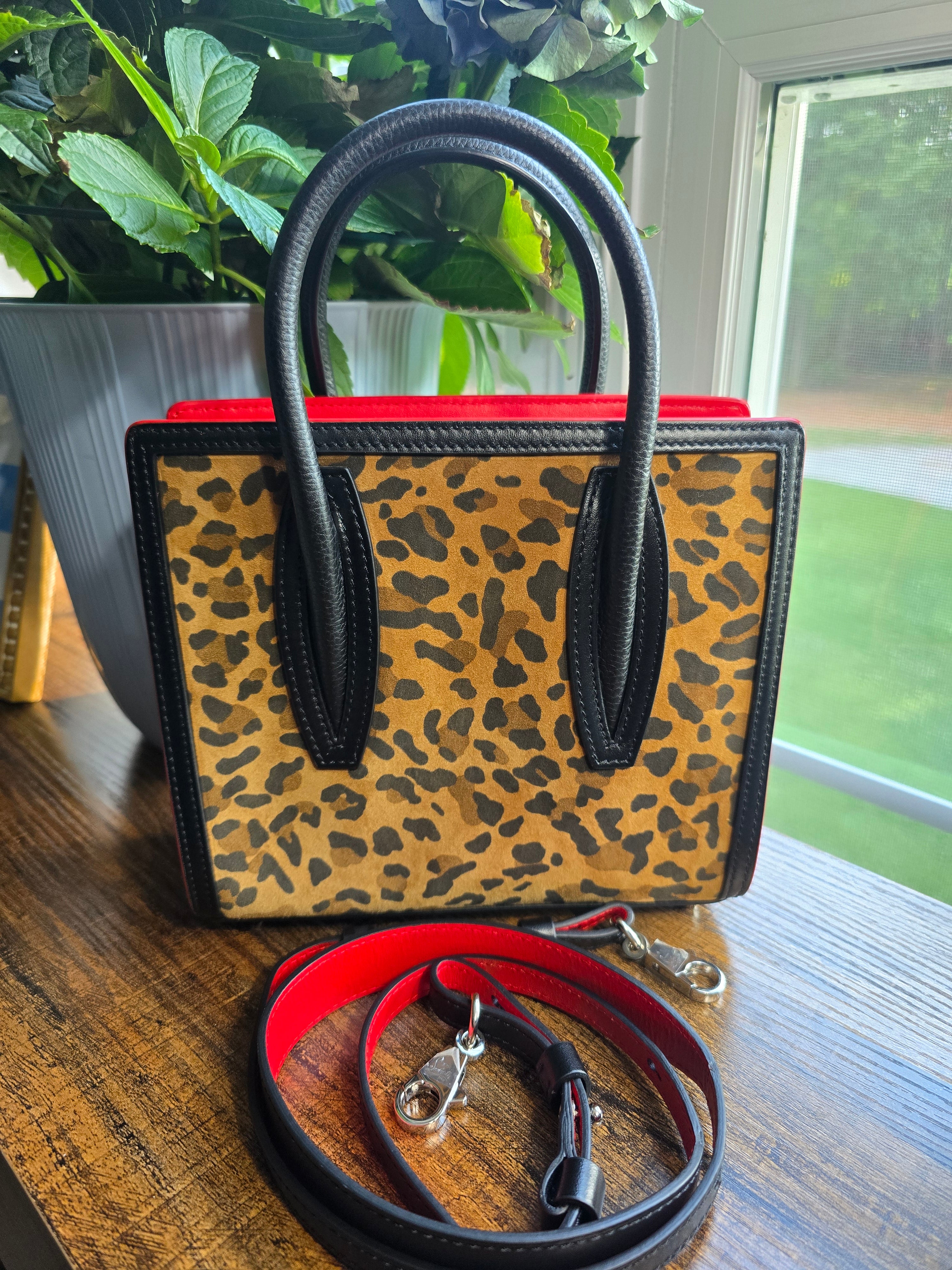Authentic Christian Louboutin Leopard-Print Suede & Canvas Paloma Mini Tote