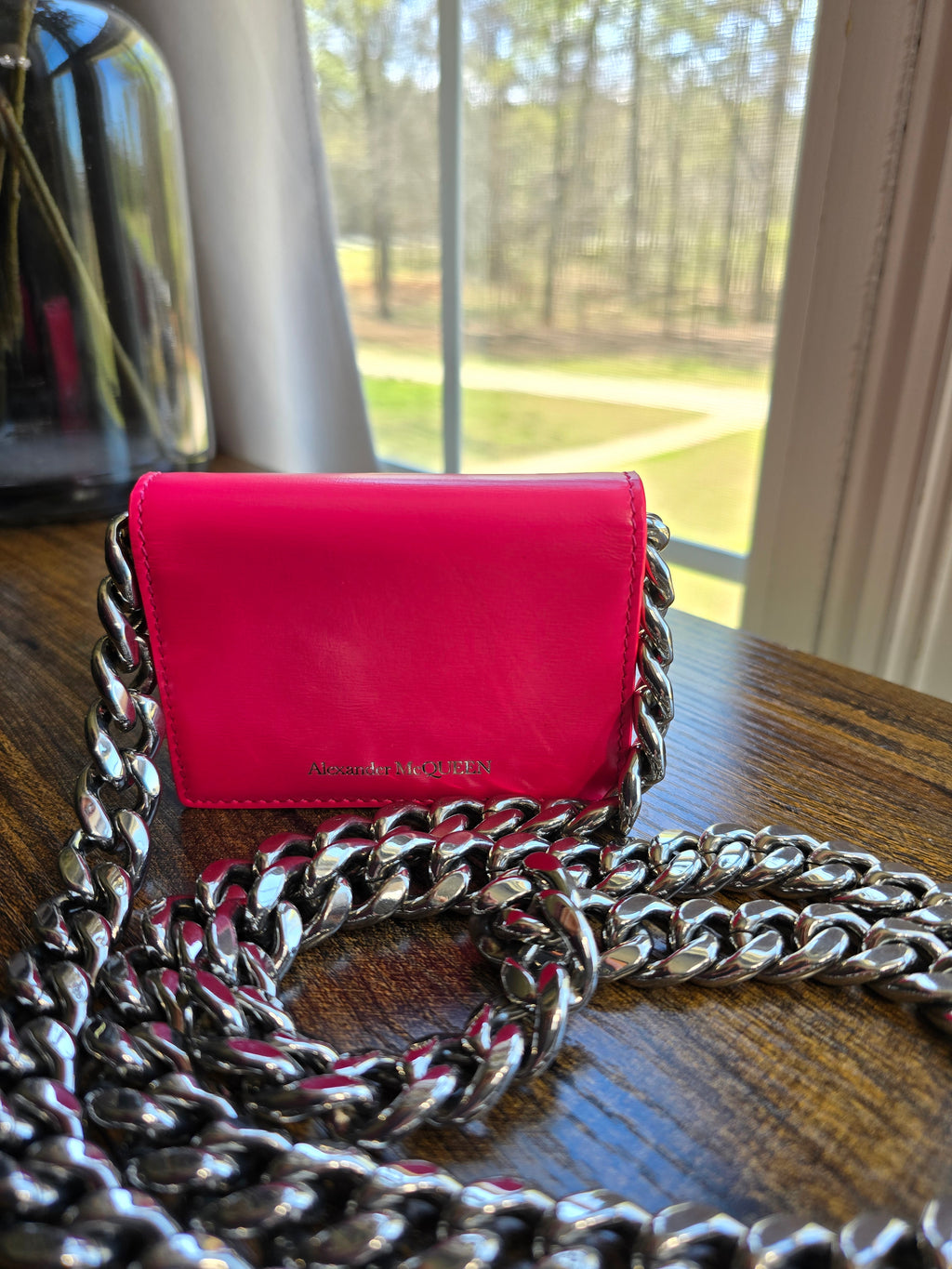 Authentic Alexander McQueen Four Ring Micro Bag- Pink Calfskin Leather