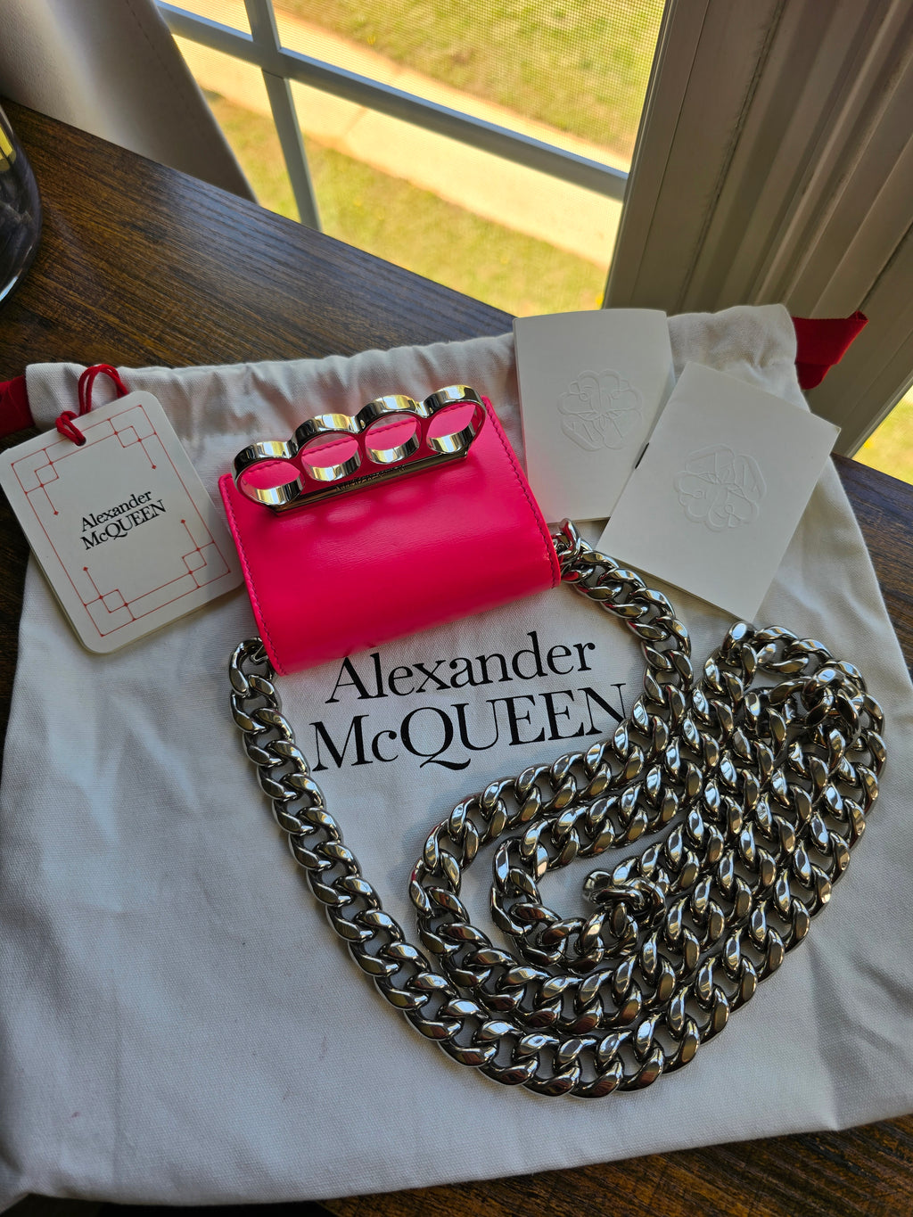 Authentic Alexander McQueen Four Ring Micro Bag- Pink Calfskin Leather