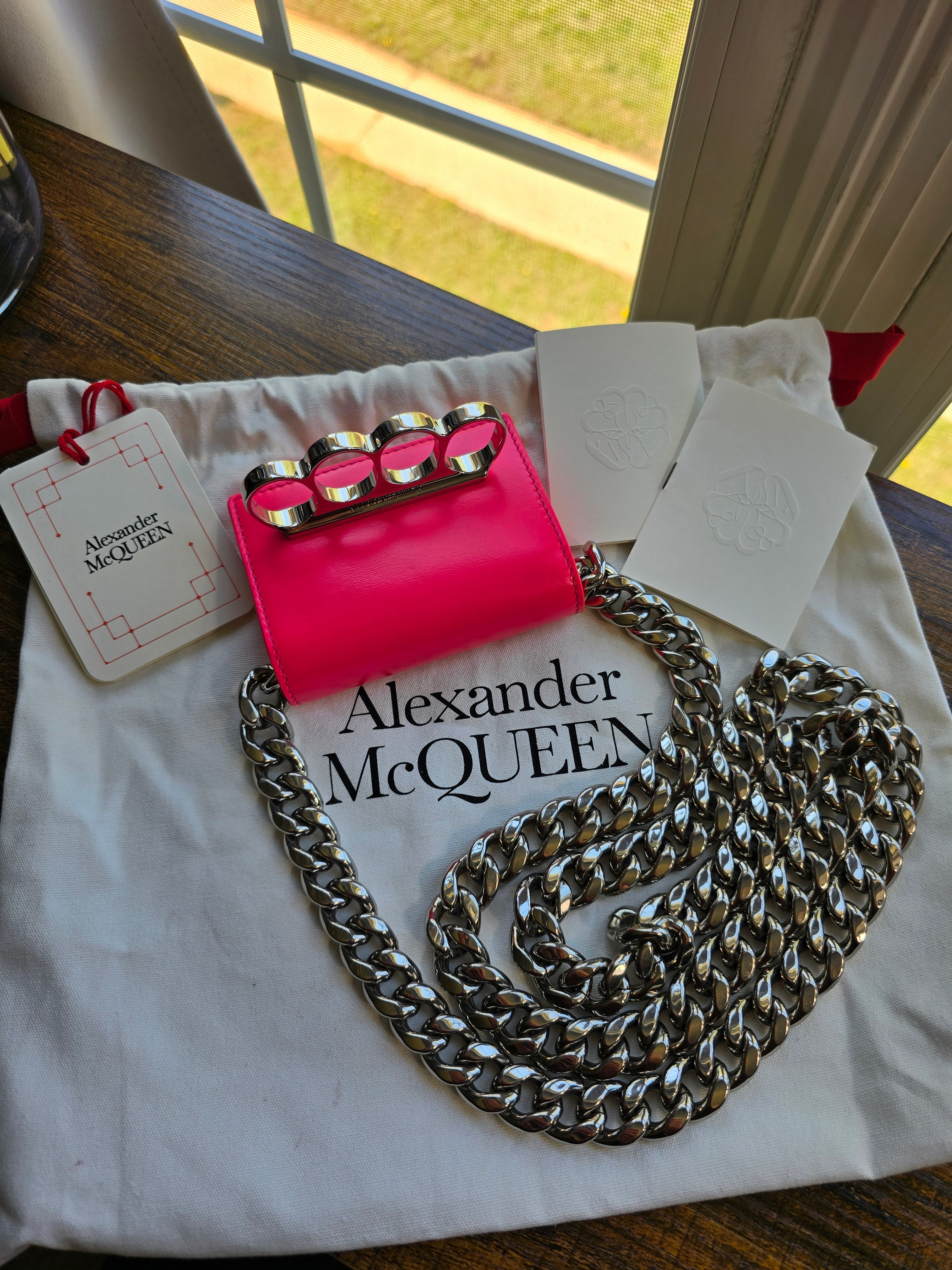 Authentic Alexander McQueen Four Ring Micro Bag- Pink Calfskin Leather