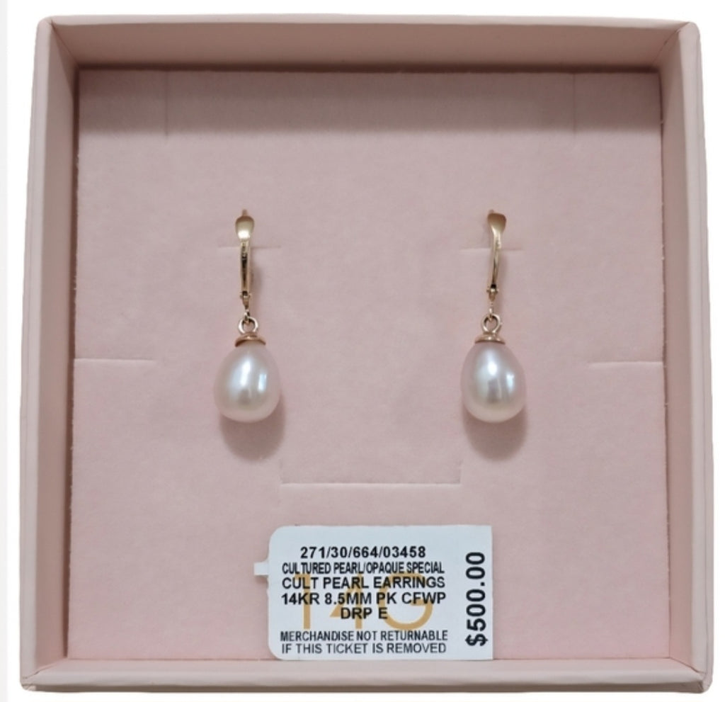 14K Rose Gold Cultured Freshwater Pearl, Opaque 8.5mm Drop Earrings