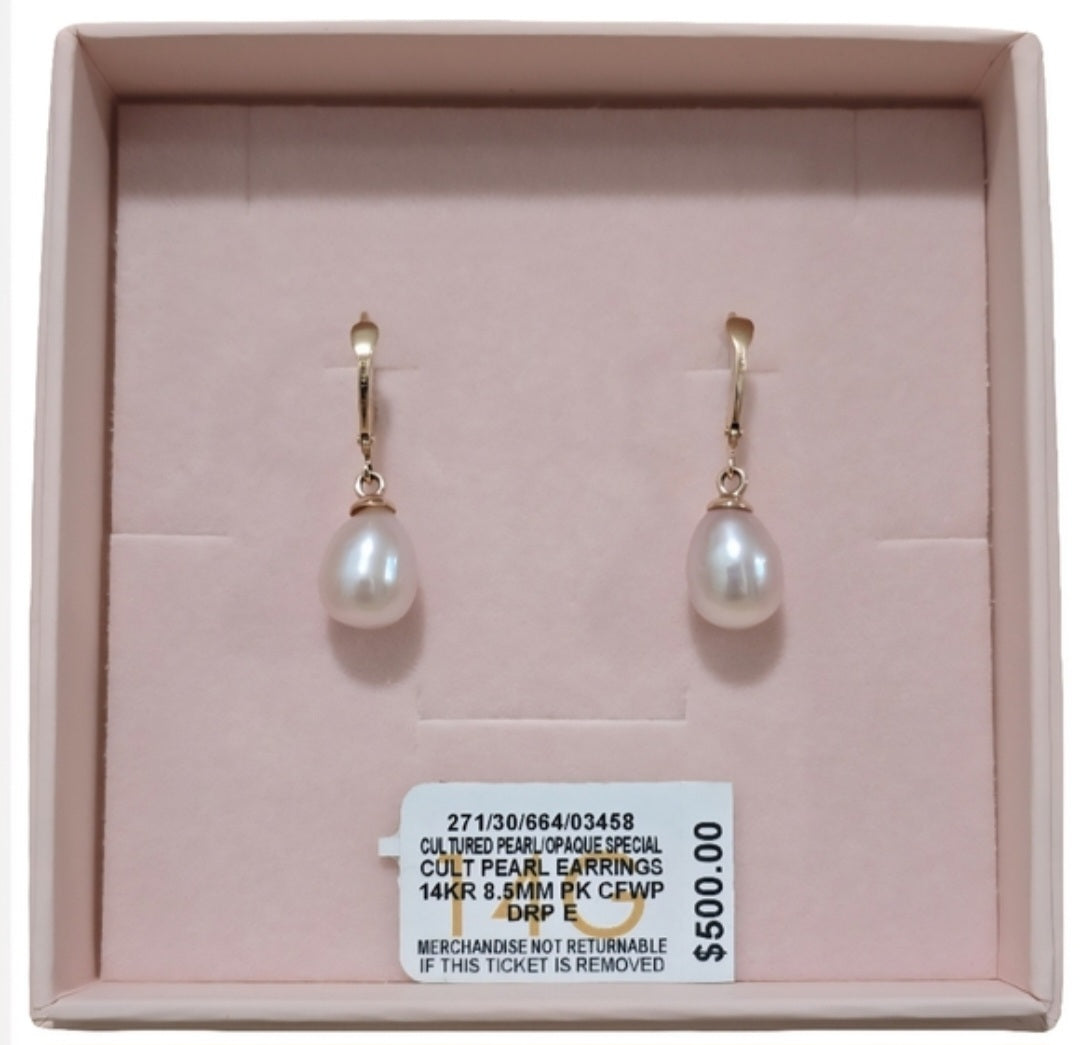 14K Rose Gold Cultured Freshwater Pearl, Opaque 8.5mm Drop Earrings