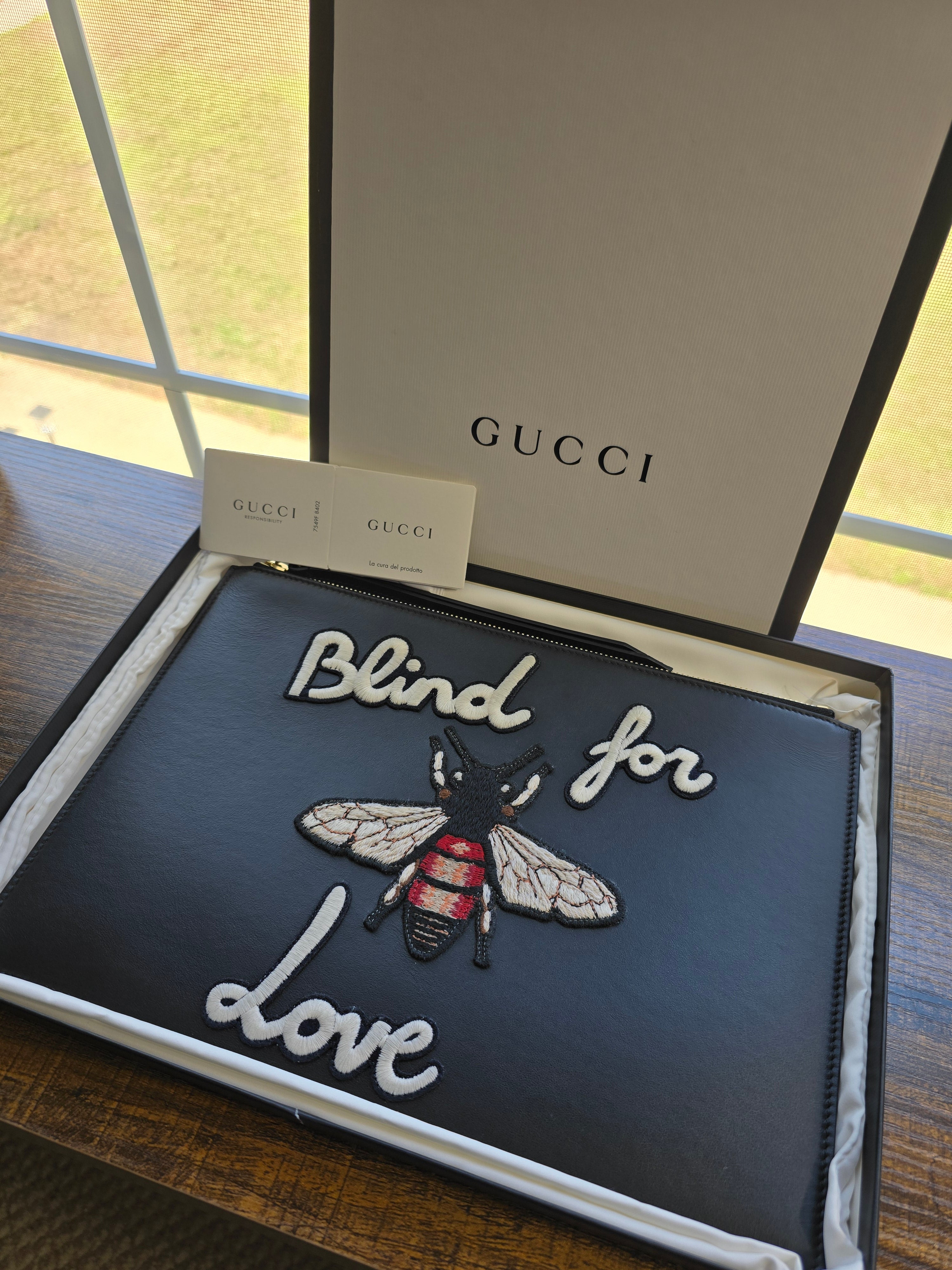 Authentic Gucci Bee Black 'Blind for Love' Clutch- Full Inclusion