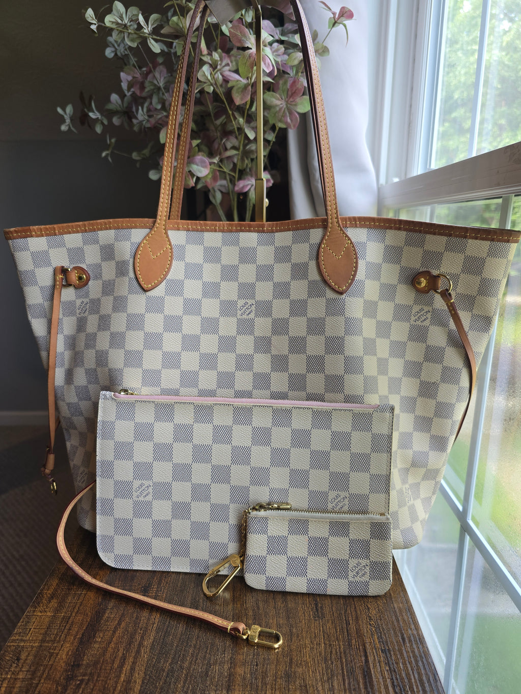 Authentic Bundle Deal: Louis Vuitton Damier Azur Ballerina Pink Neverfull MM with Pouch and Key Pouch
